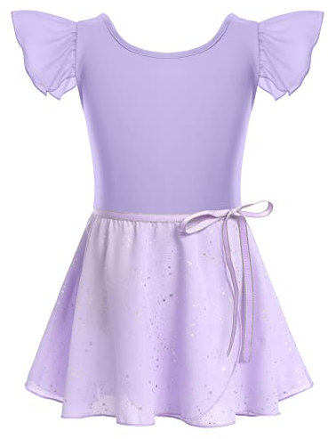 Gymnastik Trikots für Mädchen Ballettkleidung Kinder Ballett Tanz Kleid Bodysuit mit Chiffon Wrap Rock Baumwolle Criss-Cross U-Rücken Tütü Tanzoutfit Rhythmische Sportgymnastik Anzug Violett 7-8J
