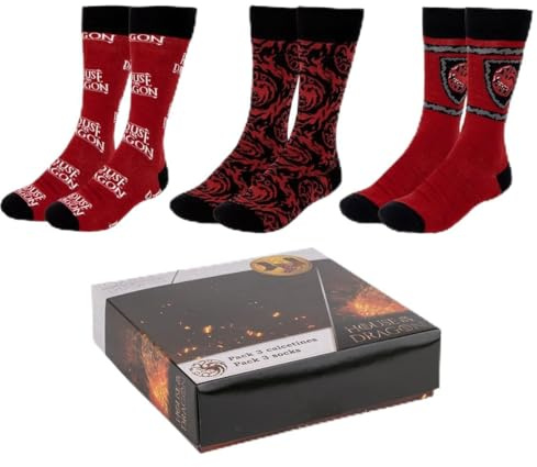 House of the Dragon Socken 3er Pack - Rot, Schwarz und Weiß - Größe 35 bis 41 - Lange Socken aus Baumwolle, Polyamid und Elastan - Original Produkt in Spanien Designed