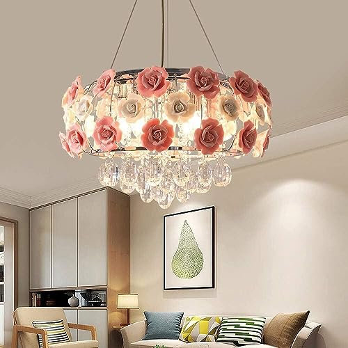 lustre salon Lustre romantique en céramique rose à fleurs roses, lustre rond moderne en cristal, plafonnier suspendu avec télécommande, lustre à fleurs roses for chambre à coucher, salle à manger, sal