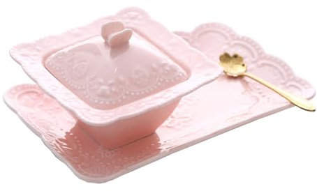 BURLOE Taza de Sopa de cerámica Taza de Sopa de sopera, 3 Piezas de sopera de Porcelana con Tapa de platillo de Cuchara,Rosado