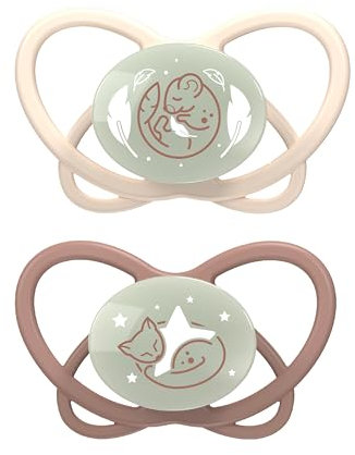nip - Butterfly Night | 5-18 Monate | 2er Pack | Stillfreundlicher, zahnfreundlicher Babyschnuller mit Leuchtknopf inkl. Schnullerbox. Nachhaltiger Schnuller mit weichem Silikonsauger, Beige/Taupe