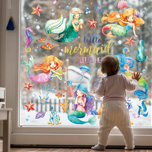 JarThenaAMCS 4 Blatt Meerjungfrauen-Fensteraufkleber, Aquarell-Glitzer, Meerjungfrau, Seestern, Koralle, Fensteraufkleber, doppelseitig, Ozeanwesen, Fensterdekoration für Klassenzimmer, Kinderzimmer,