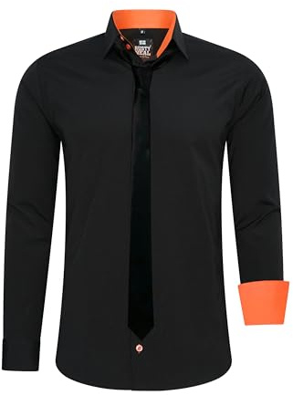 Rusty Neal Herren-Hemd Premium Slim Fit Langarm Stretch Kontrast Hemd mit Krawatte Business-Hemden Outfit Freizeithemd Set 44_99
