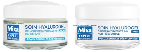 Lot de Mixa Expert Peau Sensible - Hyalurogel Nuit - Crème-Masque Hydratante - Sommeil Réparateur - 50 ml - Lot de 1 + Mixa Expert Peau Sensible - Hyalurogel - Gel-Crème Hydratant Intensif 24H - 50 ml