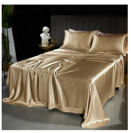 Bettlaken Haustuch Betttuch ohne Gummizug 250x250cm Laken Leintuch aus Gewaschener Seide Premium-Luxus-Hotelqualität Weiches kühlendes Bettlaken (Color : Gold, Size : 250x250cm+48x74cm x2)