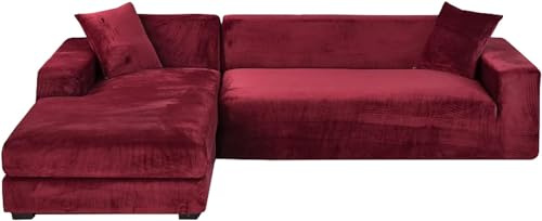 YOPOIY Samt Sektional Couch Covers 2 Stück, Waschbar L-förmige Sofa Covers Mit Seite Chaise Cover Soft Furniture Protector (rot,3 + 2 Sitzer)