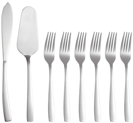 Ymeibe Cake Knife and Server Set with 6 Cake Forks Heavy Duty Thickened 18/0 Stainless Steel Pie Spatula with Comfortable Handle Cake Cutting Set for Wedding (Silver)
