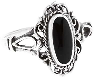 Gothic Damen Ring ALISA 14 mm Vintage Silberring mit schwarzem Onyx Indie Midi Ring Festival Silberschmuck 925 Sterlingsilber (Sterlingsilber, 58 (18.5))
