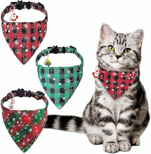 DIYDEC 3 Stück Weihnachten Katzehalstuch, Verstellbar Haustier Weihnachten Bandana Hund Dreieck Lätzchen Schneeflocken Plaid mit Glocke Sicherheit Schnellverschluss für Xmas Kostüm Kätzen und Hündchen