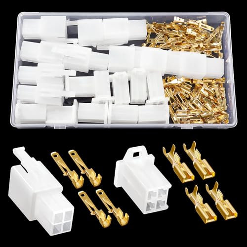 YIXISI 100 Pièces 2.8mm Automobile Connecteur Kit, 4 Broches de Fil Électrique Connecteur et Femelles Sertir Cosse Assortiment, pour Moto, Voiture, Camion, Scooter, Bateaux Électrique (Blanc)