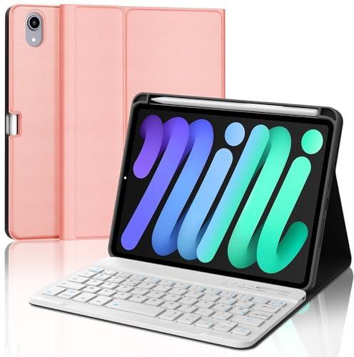 Coque Clavier pour iPad mini (A17 Pro) 2024 8.3 et iPad mini 6 ème 2024 | AZERTY Français Bluetooth sans Fil Détachable Étui Clavier pour Tablette iPad mini 2024/2021 avec Rangement Stylet, Or rose