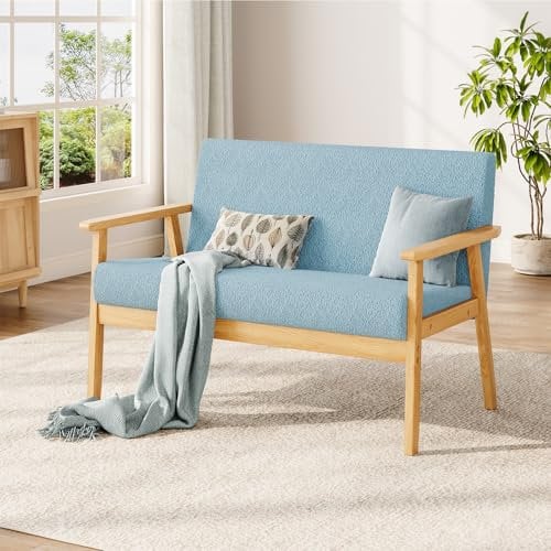 Dripex 2 Sitzer Sofa, Kleine Sofa mit Holzrahmen, Loungesofa 2er Couch, Modern und Skandinavisch, Doppelsofa aus Teddysamt, für Wohnzimmer Schlafzimmer Büro, 107x60x77cm, Hellblau