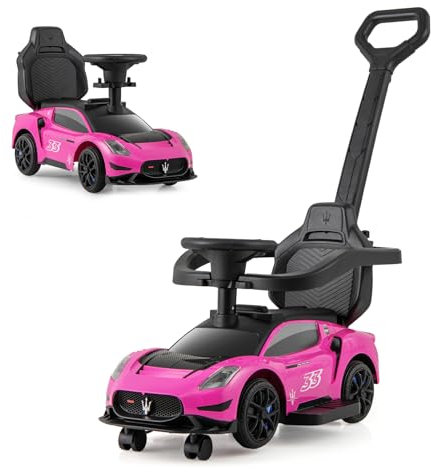 DREAMADE 3-in-1 lizenzierter Maserati Rutschauto, Rutschfahrzeug mit Schiebestange, Musik & Sicherheitsbügel, Schiebeauto für Kinder 18-60 Monate, belastbar bis 25kg (Rosa)