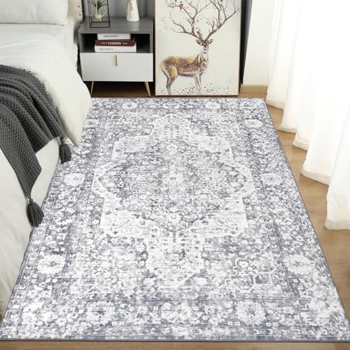 TUKDAK Vintage Teppich Wohnzimmer 120x180cm, Waschbarer Teppich Schlafzimmer, Boho Kurzflor Esszimmer Orientalischer Teppiche, Weich rutschfest Teppiche für Küche Kinderzimmer, Grau
