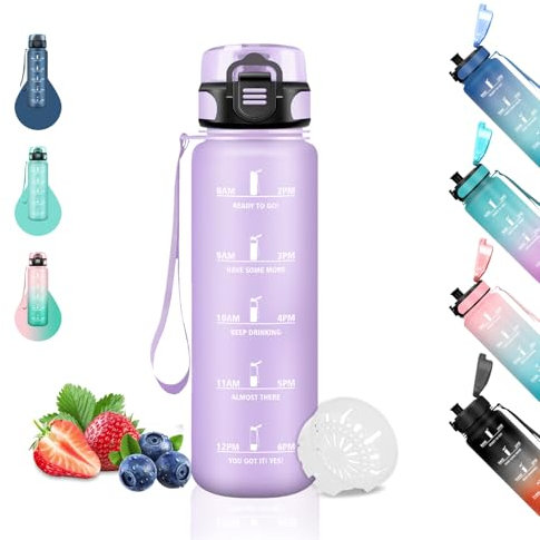 Trinkflasche Kinder, Trinkflasche 500ml, Trinkflasche Auslaufsicher, mit Filter, Trinkflasche mit Zeitmarkierung, Kann mit Dir Tragen, Wasserflasche für Schule, Büro, Reisen, Camping, Running, Lila