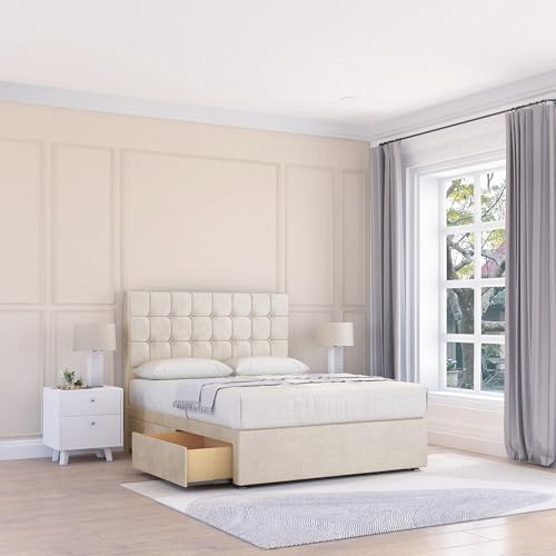 Sloomy Alabama Divan Bed Base with 2 Drawers (Same Side) and Matching 26 Inch Headboard (Plush Cream, 4FT6 Double)