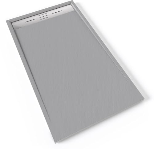 HIEMAL INOX Receveur de douche 80 x 140 cm résine Gris aspect ardoise + bonde inox incluse - Salle de bain