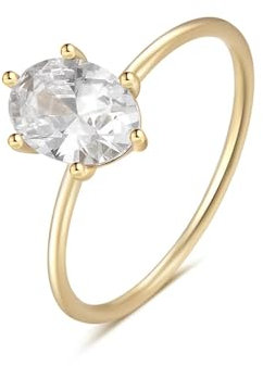Grewod 585 Ring Damen Gold Solitär 6x8 MM Weiß Oval Moissanit Edelstein Trauringe Verlobungsringe Größe 51 (16.2)