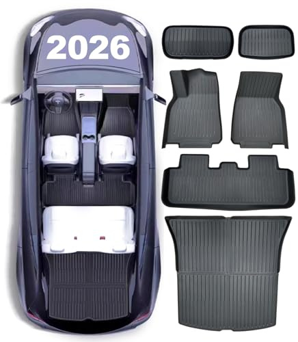 CHIYLE Komplettes Set Fußmatten für Tesla Model Y 2025 2026 Wacholder (hinten mit Bildschirm), Allwetter-Fußmatten (5-Sitzer), Tesla Y Frunk Kofferraumwanne, Tesla Model Y Zubehör 2026 (6 Stück)