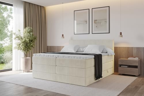 ALTDECOR Boxspringbett mit Matratze und Lattenrost, Topper, Polsterbett mit Bettkasten, Bett mit Stauraum H3- und H4- Matratze, Doppelbett, Springboxbett - TOLO King 160x200 Cord - Creme