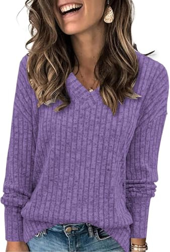 TrendiMax Damen Langarmshirt Herbst Leichte Strickpullover V-Ausschnitt Casual Oberteile Elegant Sweatshirt Loose Fit Tunika Tops