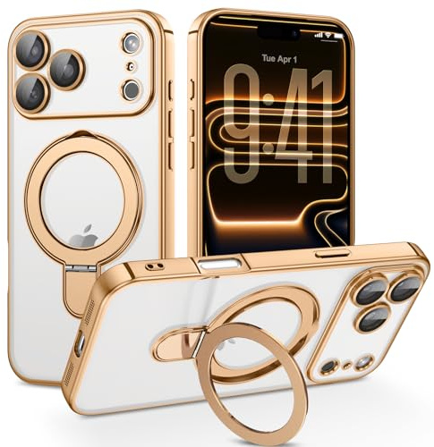 BENTOBEN Magnetic Case for iPhone 17 Pro Max [Compatible with MagSafe], Adjustable Ring Stand Full Camera Lens Protector Clear Anti-yellow Military Drop Protection Case for iPhone 17 Pro Max, Gold