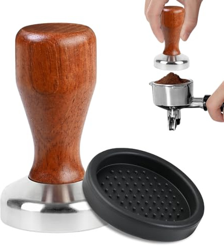 Kaffee tamper 51mm, Edelstahl 304 Langlebig Coffee Tamper Mit Holzgriff und 75mm Silikonmatte für Espressomaschinen, Cafés und Kaffeeliebhaber