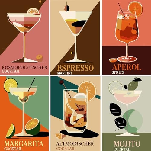 WakiHong 6 pièces Peinture par Numéro de Cocktail 20*30 cm Peinture Numero Adulte Cocktail Peintures par Numéros pour Adultes,avec Pinceaux et Peintures Acryliques,pour Adultes et Débutants,Sans Cadre