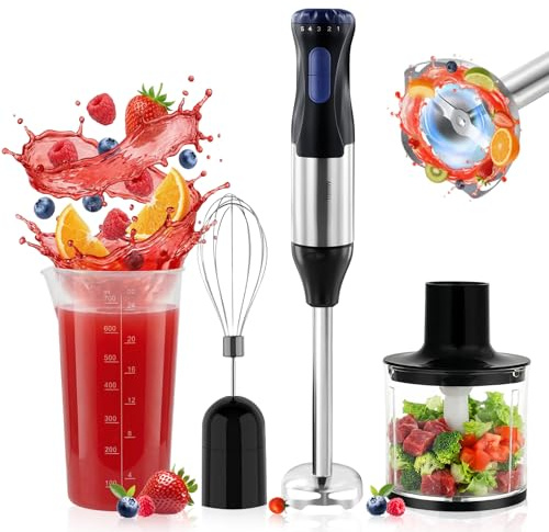 Focenat 4-in-1 Stabmixer Edelstahl, 1000W Pürierstab mit 5 Geschwindigkeiten und Turbo-Modi, Schneebesen, 500ml Lebensmittelhacker & 700ml Messbecher, Hand Blender für Babynahrung, Suppen, Smoothies