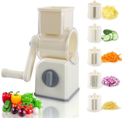 Trommelreibe mit Kurbel, SilverChry 5 Austauschbare Klingensätze, Reibe Küche, Mehrzweck Gemüseschneider für Karotten und Kartoffeln, Ideal für Salate, Snacks, Käse und Nüsse