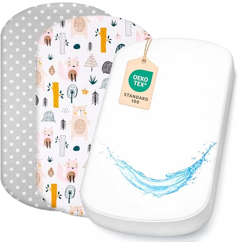 Lovely Hippo 2X Spannbettlaken Kinderwagen 100% Baumwolle + 1X Wasserdichter Matratzenschoner – 3er Set 40x80– Für Stubenwagen & Kinderwagen - Oeko-Tex (Waldtiere, 43 x 83 cm)