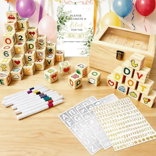 81 Stück Babyparty Deko aus Holz mit Acryl-Holzbox, Stiften, goldenen Namensaufklebern zum Selbstgestalten und Zeichenschablonen, Babyparty Spiele, Babyparty-Dekoration, Gastgeschenke, Babyparty-Gesch