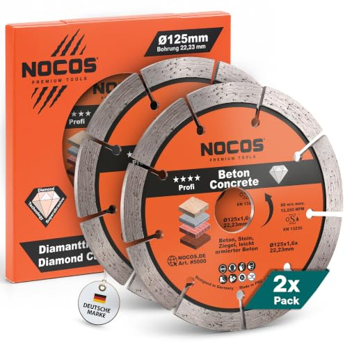 NOCOS Profi Diamantscheibe 125 mm für Beton, Stein, Ziegel und weitere Baustellenmaterialien - Diamant Trennscheibe für Winkelschleifer und Mauernutfräsen - 2er Pack