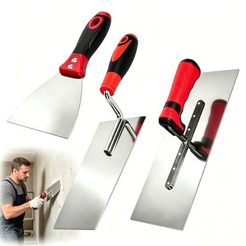 Plasterers Set, 3-Pack Stainless Steel Finishing Trowel, Smoothing Trowel & Pointing Tool & Wallpaper Scraper with Rubber Handle, Plaster Tool for Plastering Compounds, Cement Concrete, Masonry Work