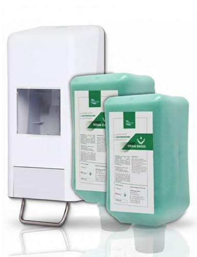 Blanc HYGIENIC Softflaschenspender-Set Weiß-Grau + 2 × 2 Liter Titan Basis | Softflaschenspender mit einstellbarer Dosierung und 2 × 2 Liter Titan Basis Handreinigungspaste; 4 Liter Gesamtinhalt