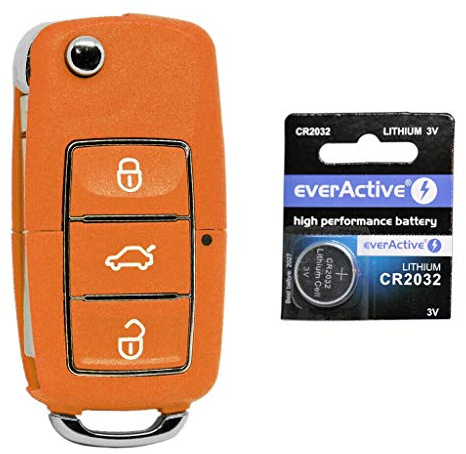 Auto Schlüssel Funk Fernbedienung 1x Gehäuse 3 Tasten Orange + 1x Rohling HA66 + 1x CR2032 Batterie für VW SEAT Skoda