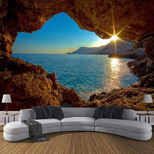 Papier Peint Intissé Photo Mural Décoration Murale Poster Tableaux Muraux Grotte 3D Lever Du Soleil Bord De Mer Nature Paysage Chambre À Coucher Salon Tv Fond Décoration De La Maison 300Cm X 210Cm