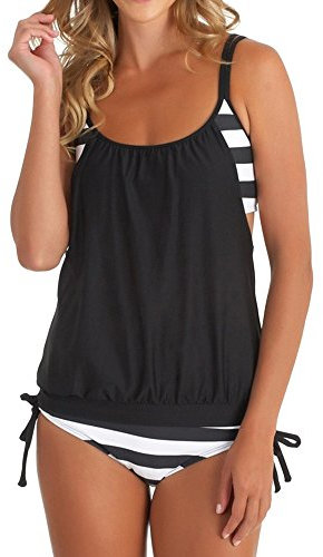 Lazzboy Tankini Damen Bauchweg Bademode Set S-XXXL,Zweiteilig Push up mit Einstellbarer Bikinislip Tankini Top Soft Cups(Schwarz,S)