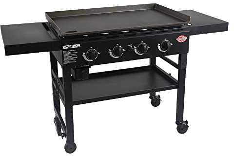 Char-Griller® Flat Iron 4-Burner Propane Gas Flat-Top Griddle with Steel Griddle Top, Wind Guards and Instant-Ignition, 775 Cooking Square Inches in Black, Model E8936