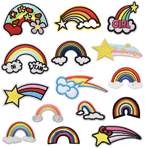 Jinlaili Patches Aufkleber, 15 Stk Regenbogen Aufnäher, Patch Sticker Aufbügeln Kinder, Bestickte Patches Kleidung, Flicken Aufbügeln Jeans, Gestickter Aufnäher für T-Shirt Jeans Kleidung Taschen