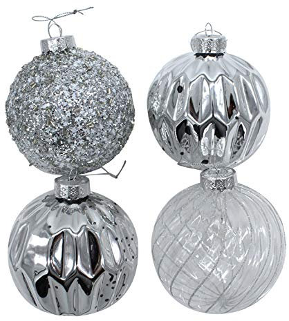 DARO DEKO Glas Weihnachts-Kugel Mix Ø 10cm - 4 Stück Silber