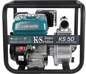 Pompe à essence pour eau propre TM Könner & Söhnen KS 50, hauteur de relevage 27 m, profondeur d'aspiration 8 m, 5,5 CV, moteur thermique à 4 temps EURO V, pompe de surface pour jardins et champs.