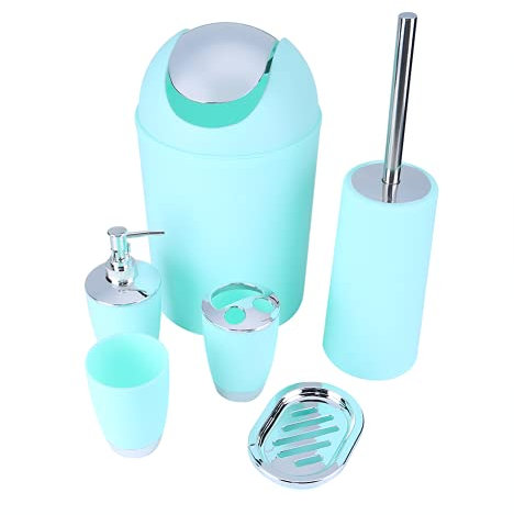 6 Stücke Badezimmer-Set Türkis, Badzubehör Set Bad Zubehörset mit Lotionspender, Mülleimer, Zahnbürstenhalter, Zahnputzbecher, Toilettenbürste und Seifenschale