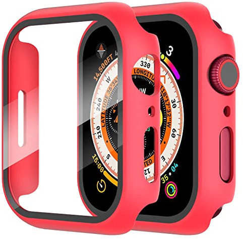 Diruite 2 Piezas Funda para Apple Watch Series 6/5/4/SE 44mm Protector Pantalla Cristal Templado Incorporado HD Protección Completa PC Dura Estuche Case,Rojo,44mm