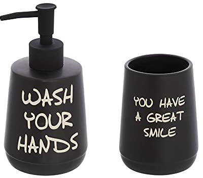 Inbagno Set Dispenser Sapone Liquido e portaspazzolino in Ceramica Nero con Stampe a Contrasto Moderno