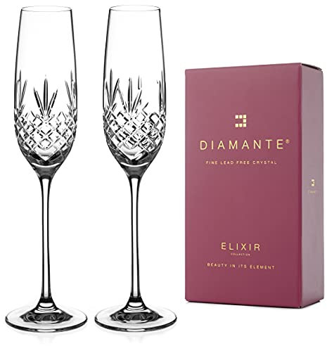 DIAMANTE Champagne Flutes Crystal Prosecco Glasses - ‘Buckingham’ Traditional Hand Cut Flutes - Set of 2
