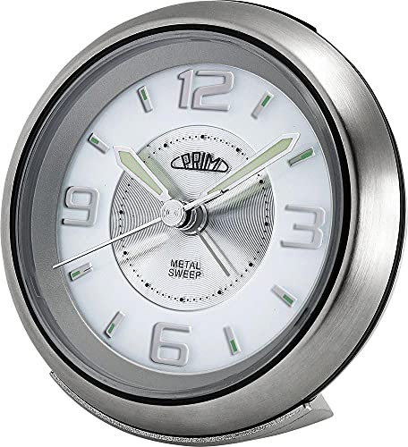 PRIM Steel Wecker Modern Alarm Clock, Metall und Kunststoff, Silber/Weiß, LED Nachtlicht, Analog, Quarz-Uhrwerk Sweep, Lauter Alarm, Snooze, Schlummerfunktion Nachttisch Dekoration