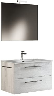 Mama Store ERA 100 - Mobile Bagno Sospeso 100 CM QUERCIA BIANCO con Lavabo, Specchio e Lampada LED, L. 101 X P. 47 X H. 53 cm