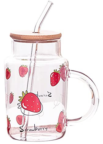 Sizikato Klarglasbecher mit Deckel und Strohhalm, 425 ml, Trinkglas, Saftbecher, Gläser, süßes Erdbeer-Muster