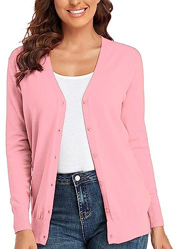 CUNYI Gilet Femme, Chandail Tricot avec Boutons pour Femme, Pull Veste Cardigan Col V Manches Longues Classique, Rose L